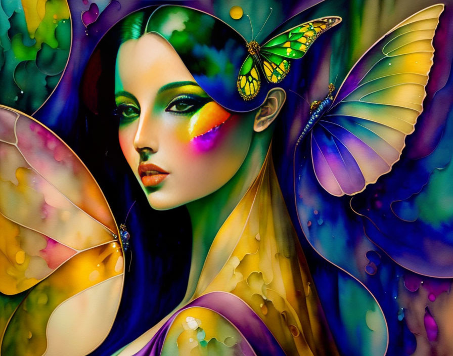 Vibrant digital artwork: Woman with butterfly wings and water droplets