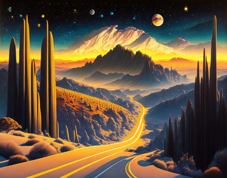 Vibrant orange-hued hills under a starry sky with multiple moons and planets visible