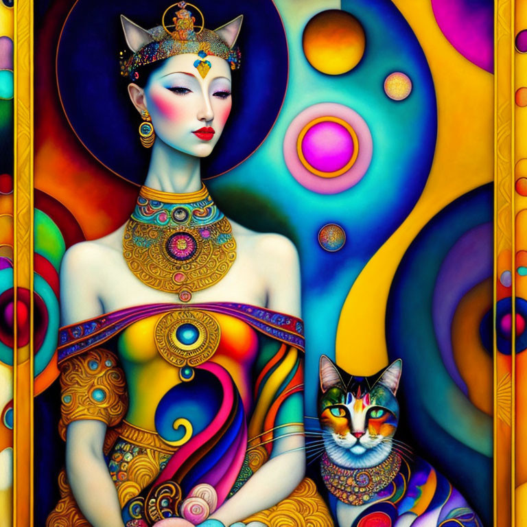 Colorful Artwork: Person with Cat Head in Regal Attire with Ornate Jewelry