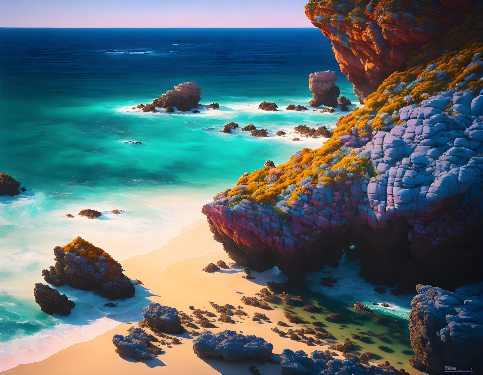 Digital artwork: Cliffside beach with turquoise waters, colorful foliage, scattered stones