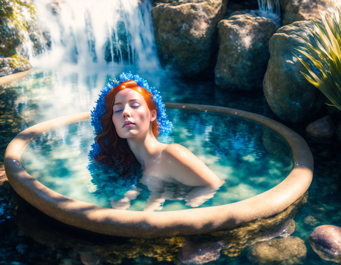 Blue Floral Headpiece Floating Woman in Sunlit Stone Pool