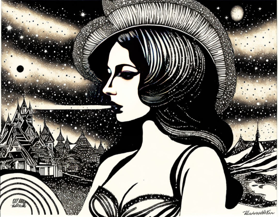 Illustrated woman with cosmic hat, smoking, mountain landscape, celestial background