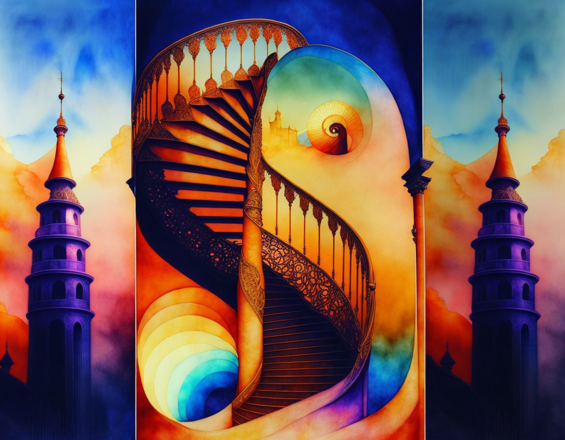 Surreal Eastern architecture with Escher-like staircase in vibrant gradient