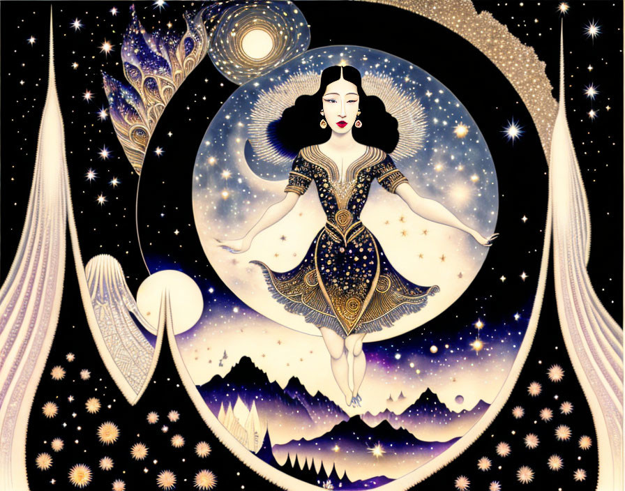 Illustrated woman in cosmic landscape with moons, stars, mountains, and celestial motifs.