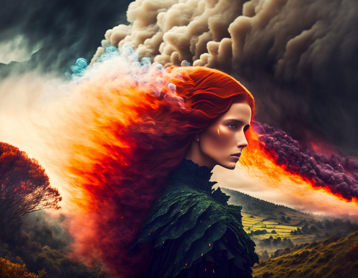 Surreal portrait: Woman with red hair in volcanic eruption landscape