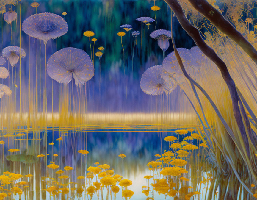 Colorful surreal landscape with glowing jellyfish-like creatures above water