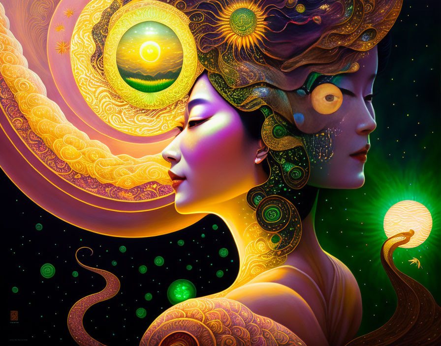 Cosmic-themed woman illustration with celestial elements