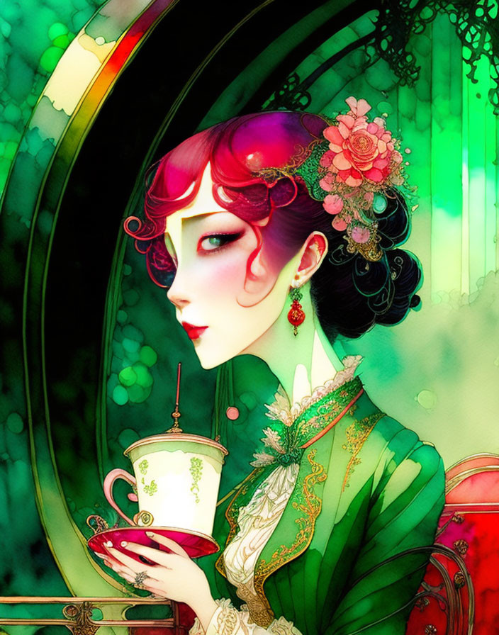 Illustrated Woman with Red Hair Holding Teacup in Green Victorian Dress