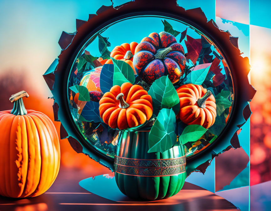 Autumn-themed circular frame with pumpkins on gradient background