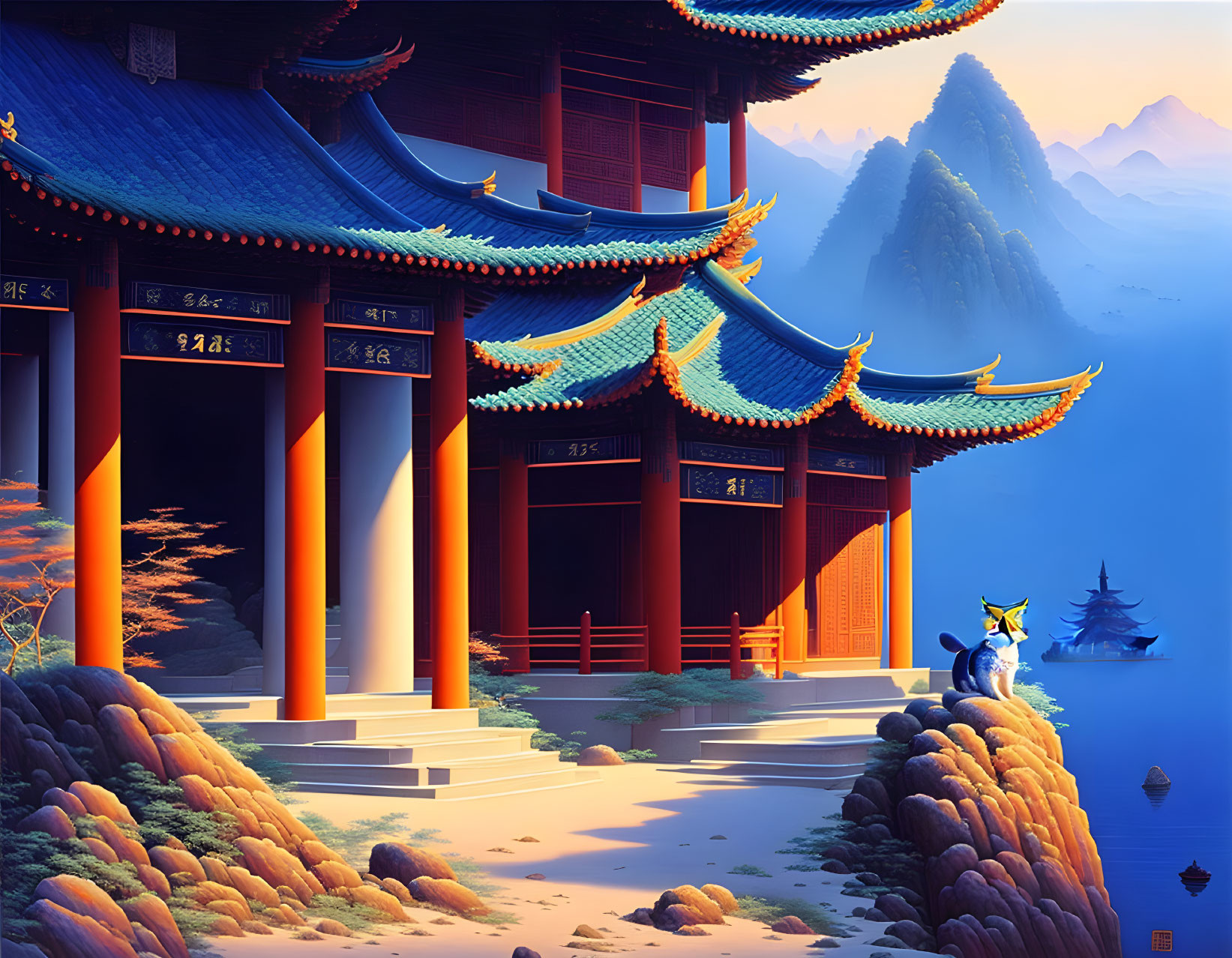 Traditional Asian temple in mountain landscape with fox and boat at dusk