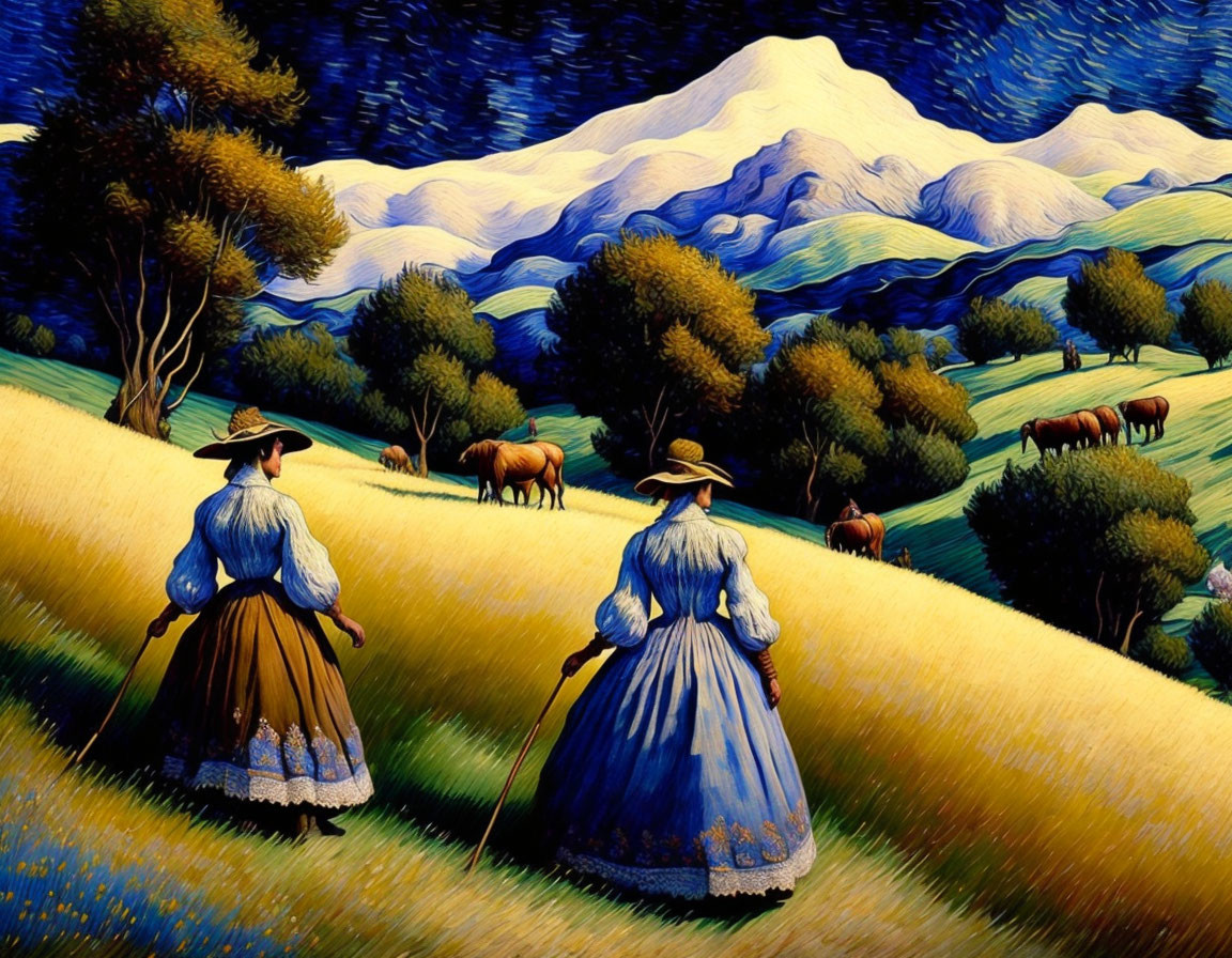 Two Women in Traditional Dresses Walking in Pastoral Landscape