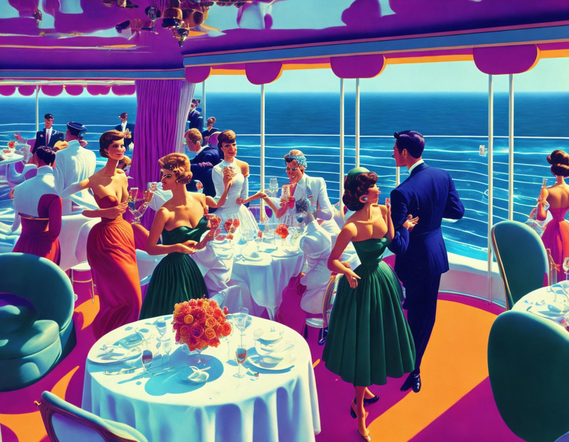 Retro-style illustration: elegantly dressed people on cruise ship deck