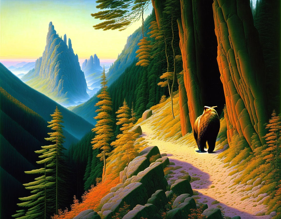 Bear at forest edge overlooking valley with spire-like mountains at sunrise or sunset