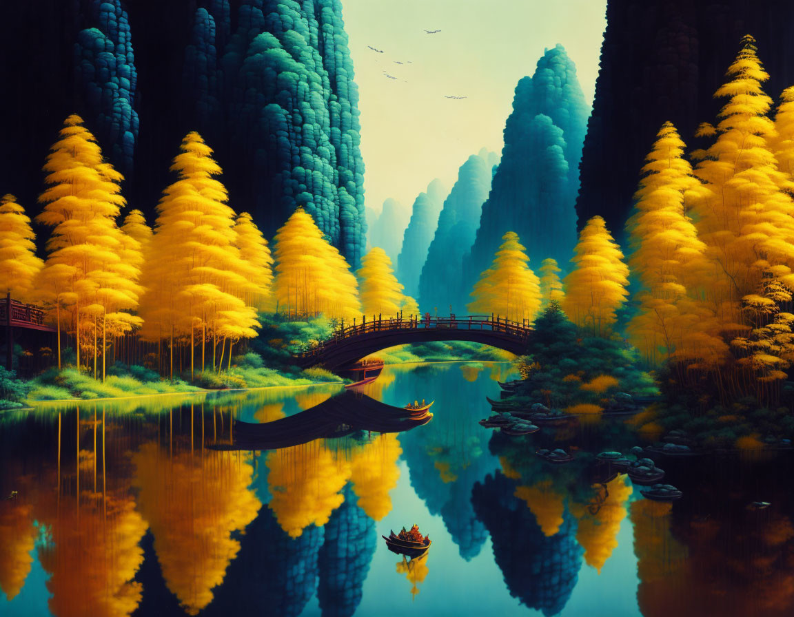 Golden trees, calm river, boat, bridge, rock formations, amber sky, birds