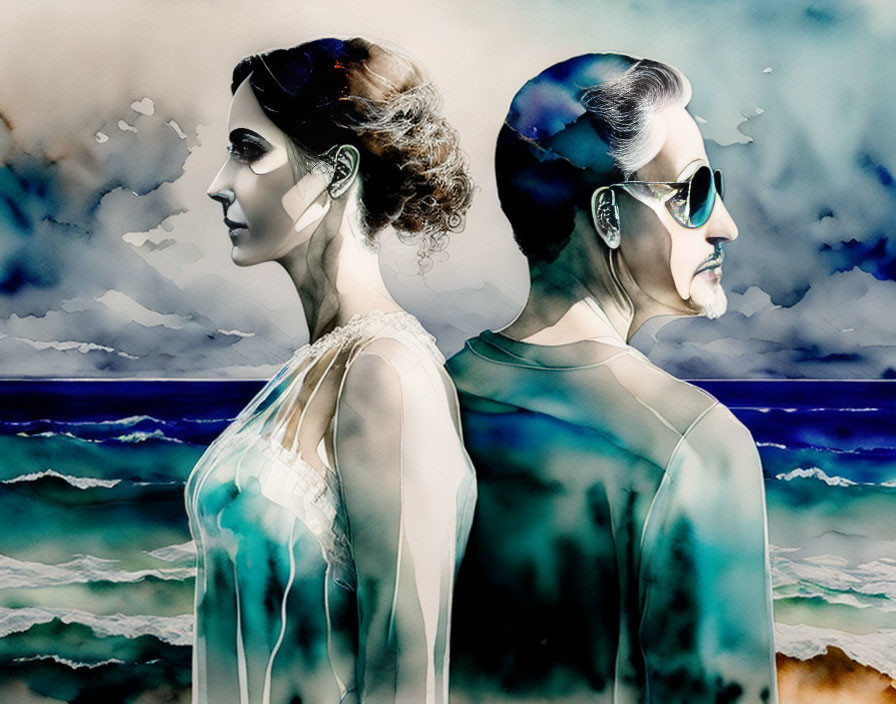 Man and woman profiles blend in watercolor effect over serene seascape