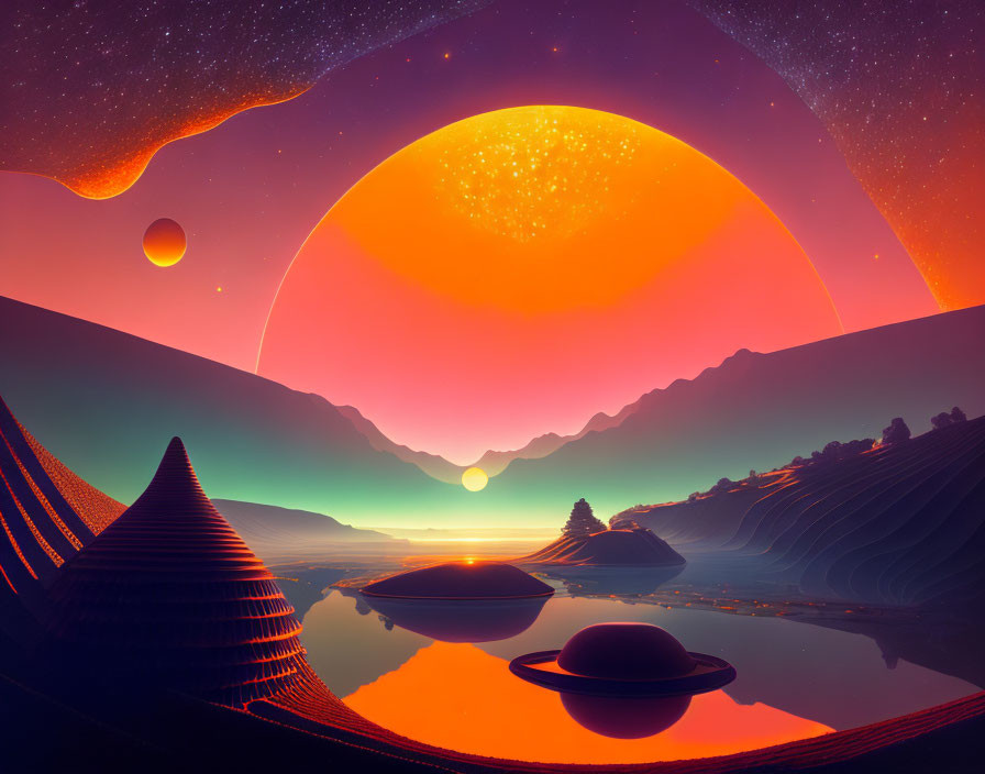 Sci-fi landscape with large orange sun, mountains, lake, starry sky, floating orbs