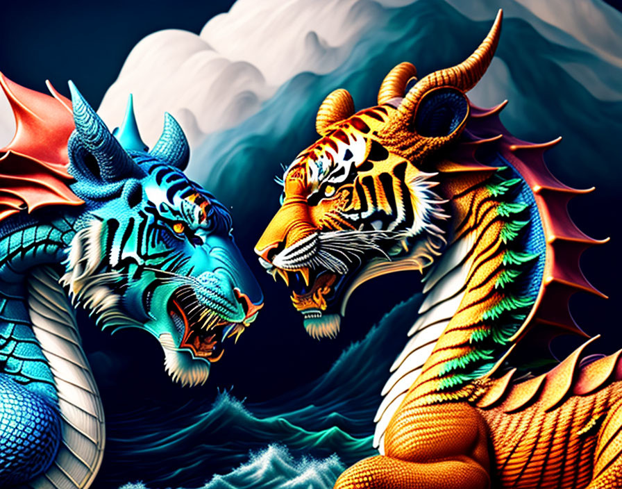 Colorful Artwork: Blue Dragon and Orange Tiger Confrontation in Waves and Clouds