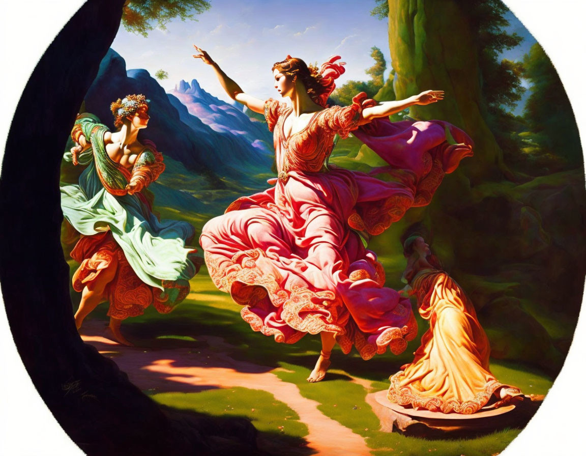 Three women in flowing dresses dancing in a forest clearing, with one central figure in red, embody classical