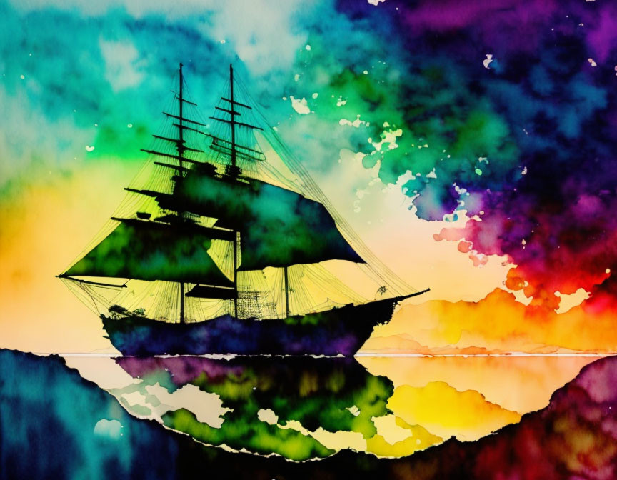 Colorful Watercolor Painting: Sailing Ship Silhouette on Vibrant Sky & Water