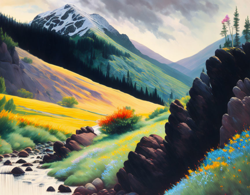 Colorful meadow, flowing stream, mountain: vivid landscape painting