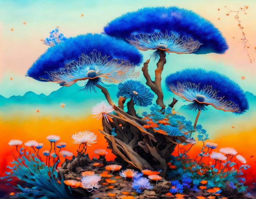 Colorful Mushroom Forest Painting with Sunset Background