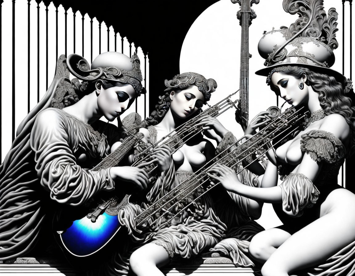 Stylized women playing instruments in front of classical gate