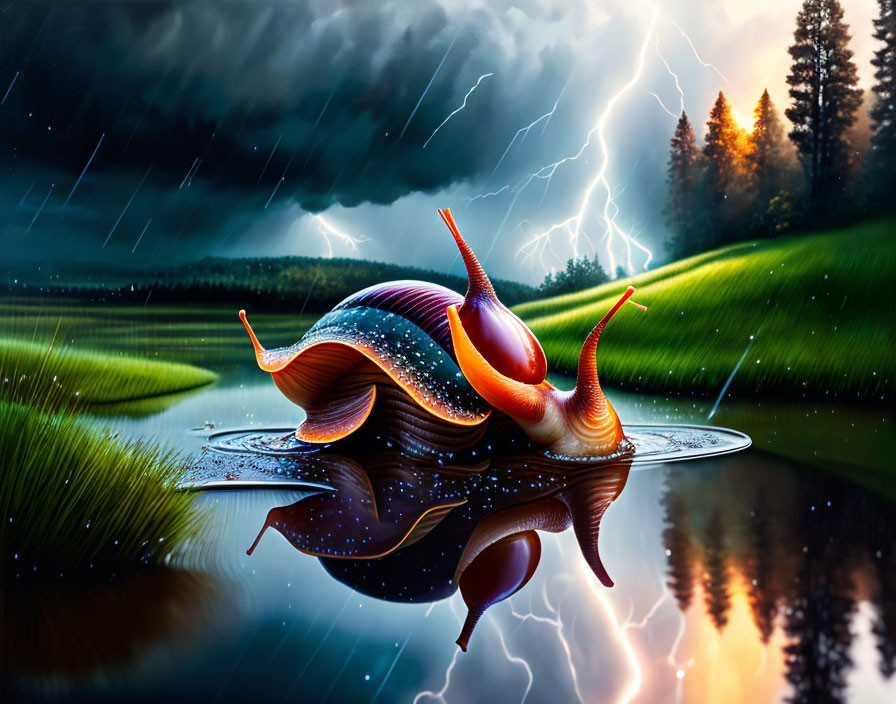 Colorful snail on water surface under stormy sky with lightning, reflecting in green landscape.