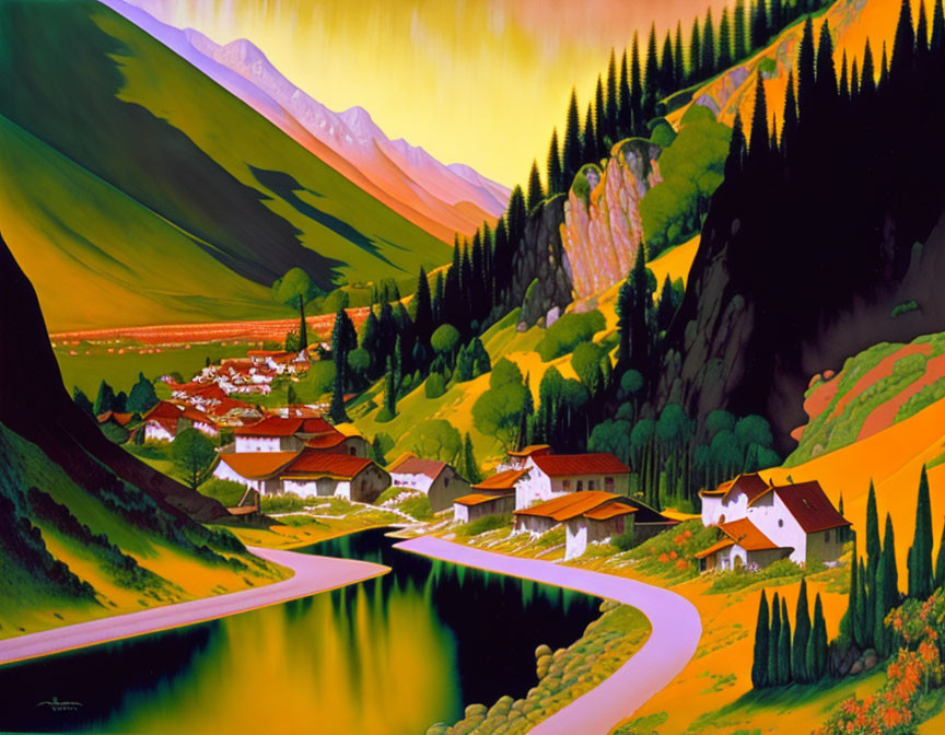 Vibrant painting of lush green valley with river, village, and golden sky