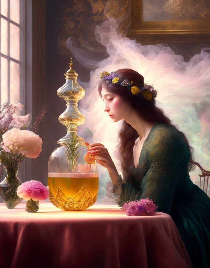 Woman in green dress gazes at ornate glass bottle with smoke plume among flowers