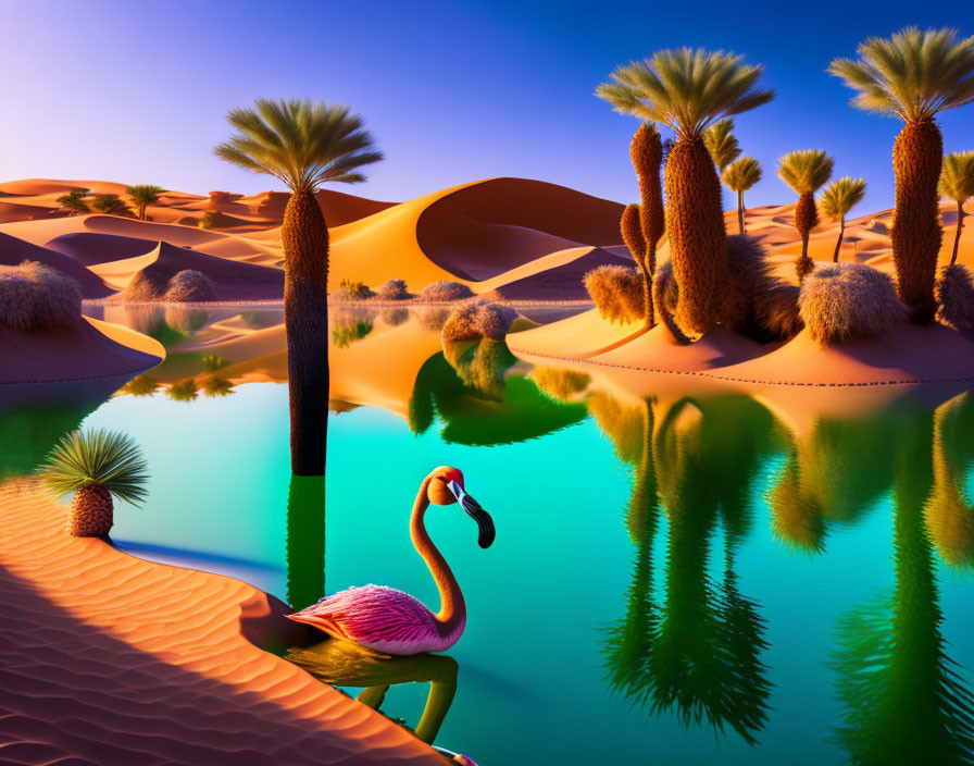 Tropical oasis with palm trees, sand dunes, and flamingo