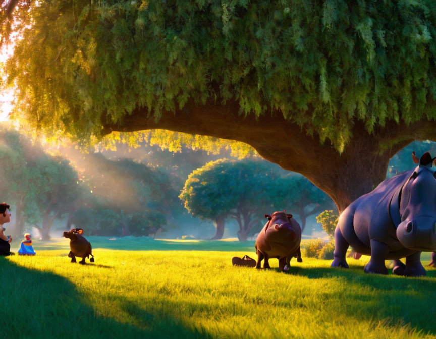 Stylized animated scene with hippos under a sunny tree