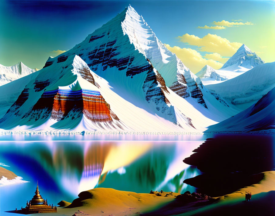 Digitally altered surreal image of snow-capped mountains, Buddhist temple, and colorful waves