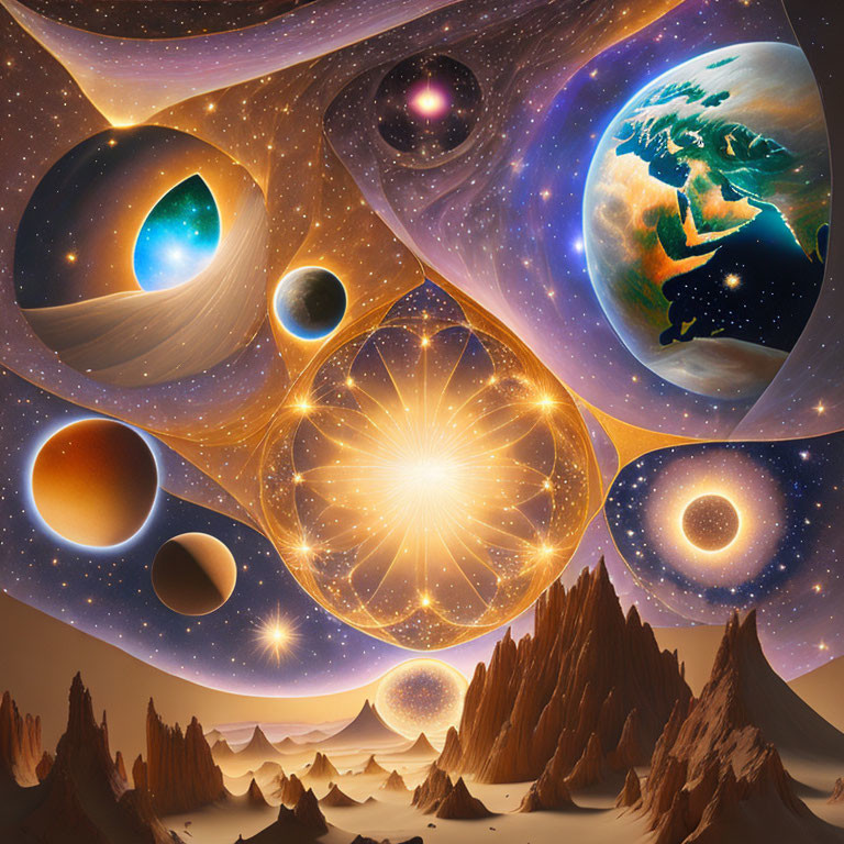 Surreal Cosmic Landscape with Planets, Stars, and Galaxy Patterns