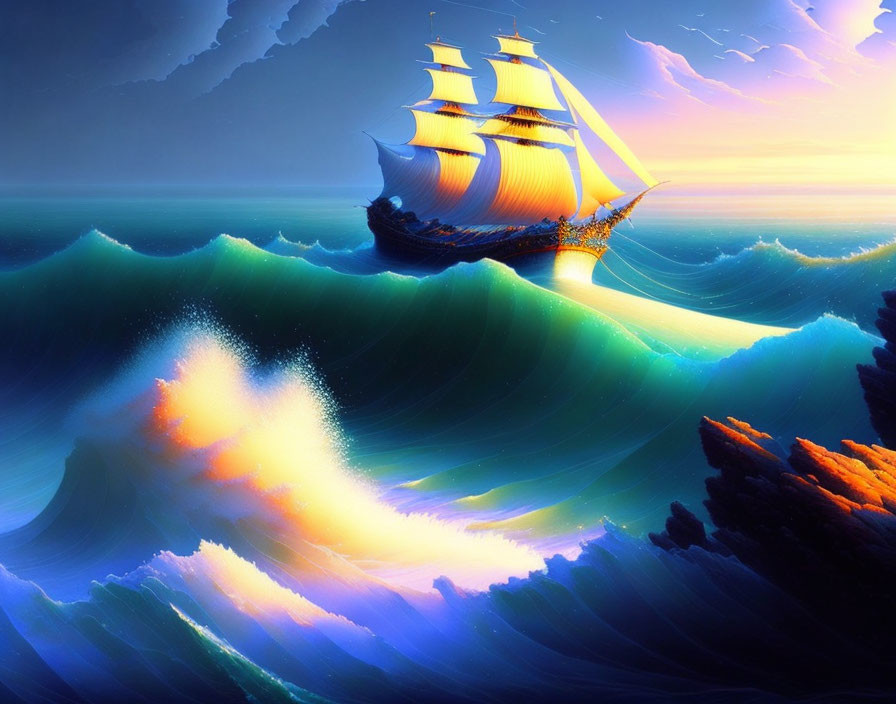 Sailing ship on high sea waves at sunset