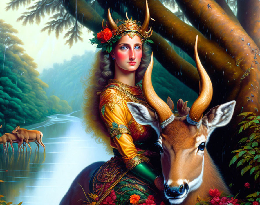 Golden attired woman with antlers and deer in lush forest scenery