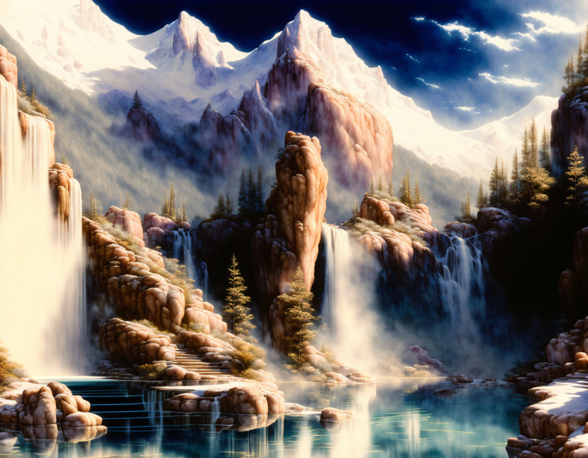 Scenic waterfalls, lake, pine trees, mountains, starry sky