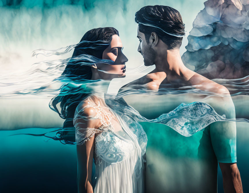 Ethereal Couple Submerged in Water with Flowing Hair