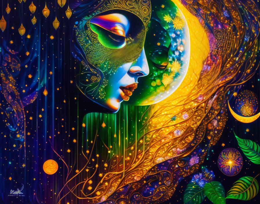 Colorful Psychedelic Female Figure with Celestial Bodies in Vibrant Illustration