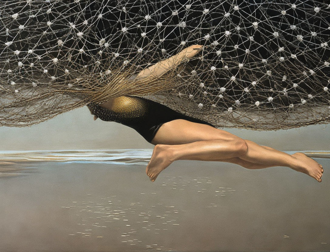 Person diving through network of ropes above water with sparkling reflection below.