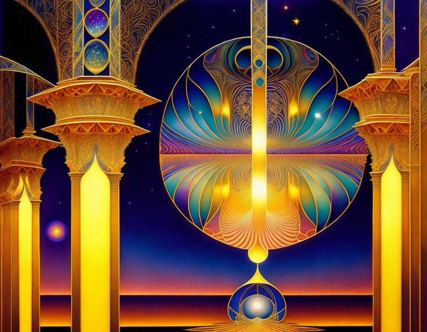 Surreal Artwork Featuring Golden Pillars and Celestial Backdrop