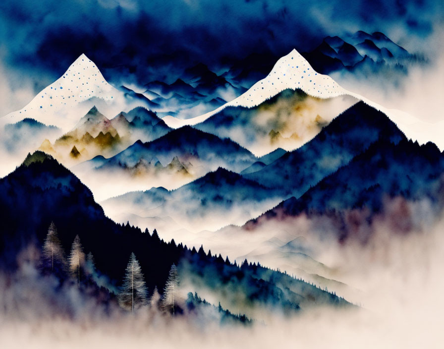 Misty Mountain Ranges with Snow-Capped Peaks at Twilight