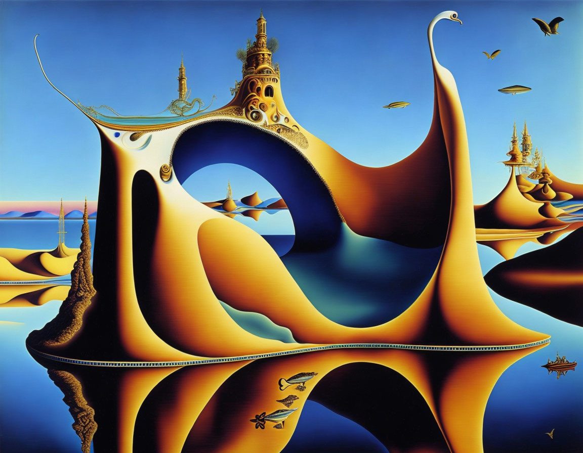 Surreal landscape with flowing shapes and architectural structures against a blue sky