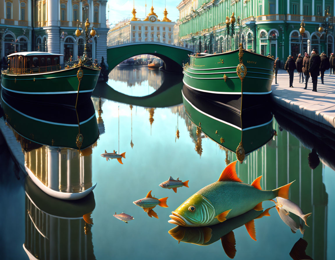 Giant fish swim in tranquil water with classical architecture and pedestrians.