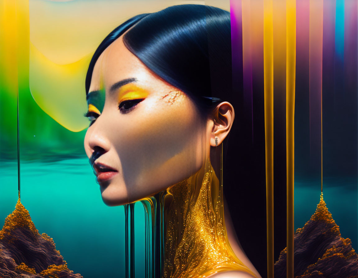 Woman with Yellow Eye Makeup on Colorful Background with Golden Streaks and Mountain-like Shapes