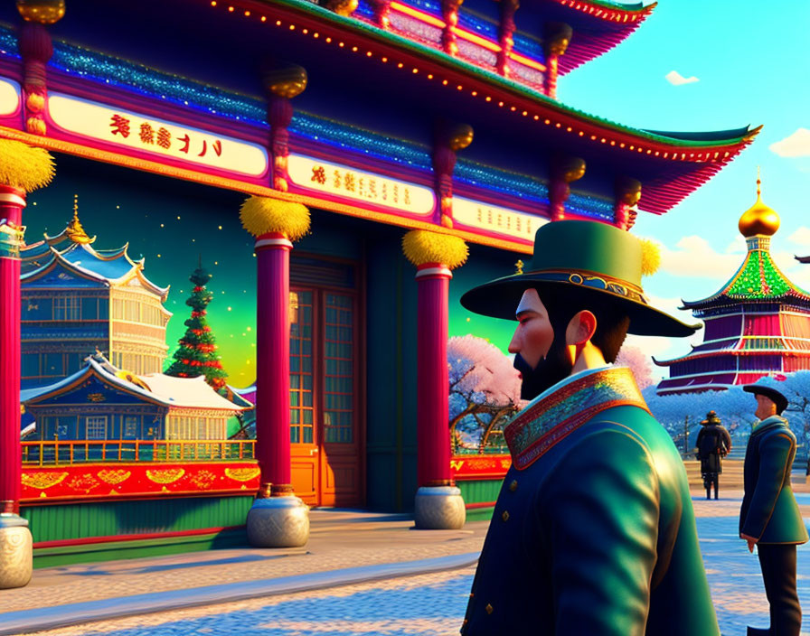 Colorful 3D rendering of individuals in ceremonial attire in front of traditional Chinese building