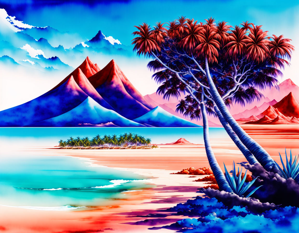 Surreal landscape with blue mountains, palm trees, and multicolored water