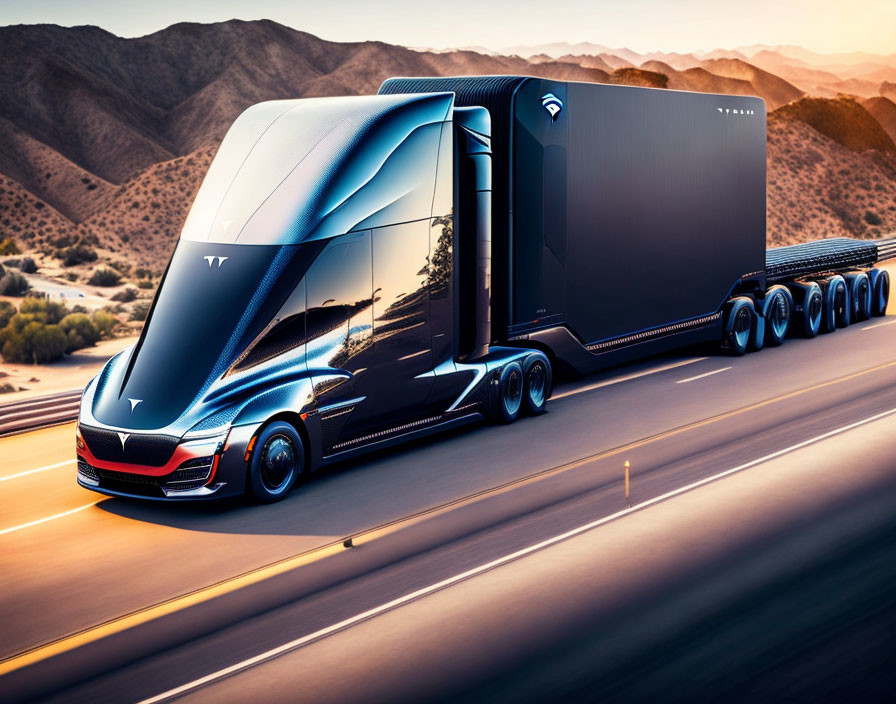 Futuristic Tesla Semi truck on highway at sunset