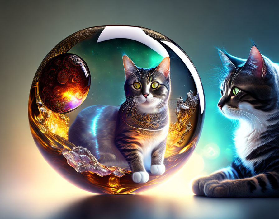 Digital Artwork: Two Cats with Cosmic Sphere and Fiery Imagery