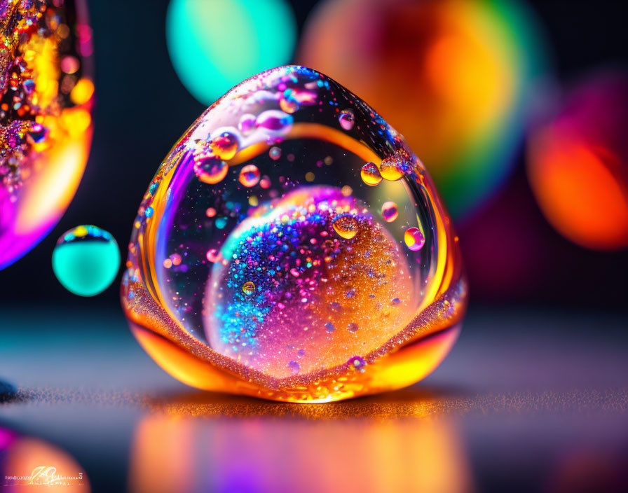 Vibrant macro image of glittering soap bubble with vivid bokeh