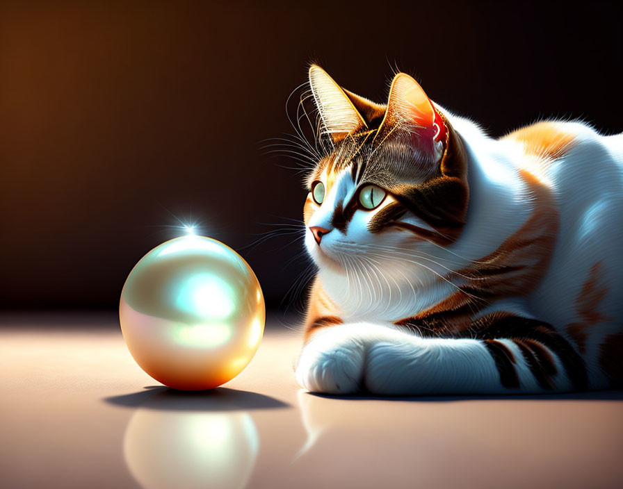 Orange and White Cat with Blue Eyes Next to Glowing Orb on Dark Surface